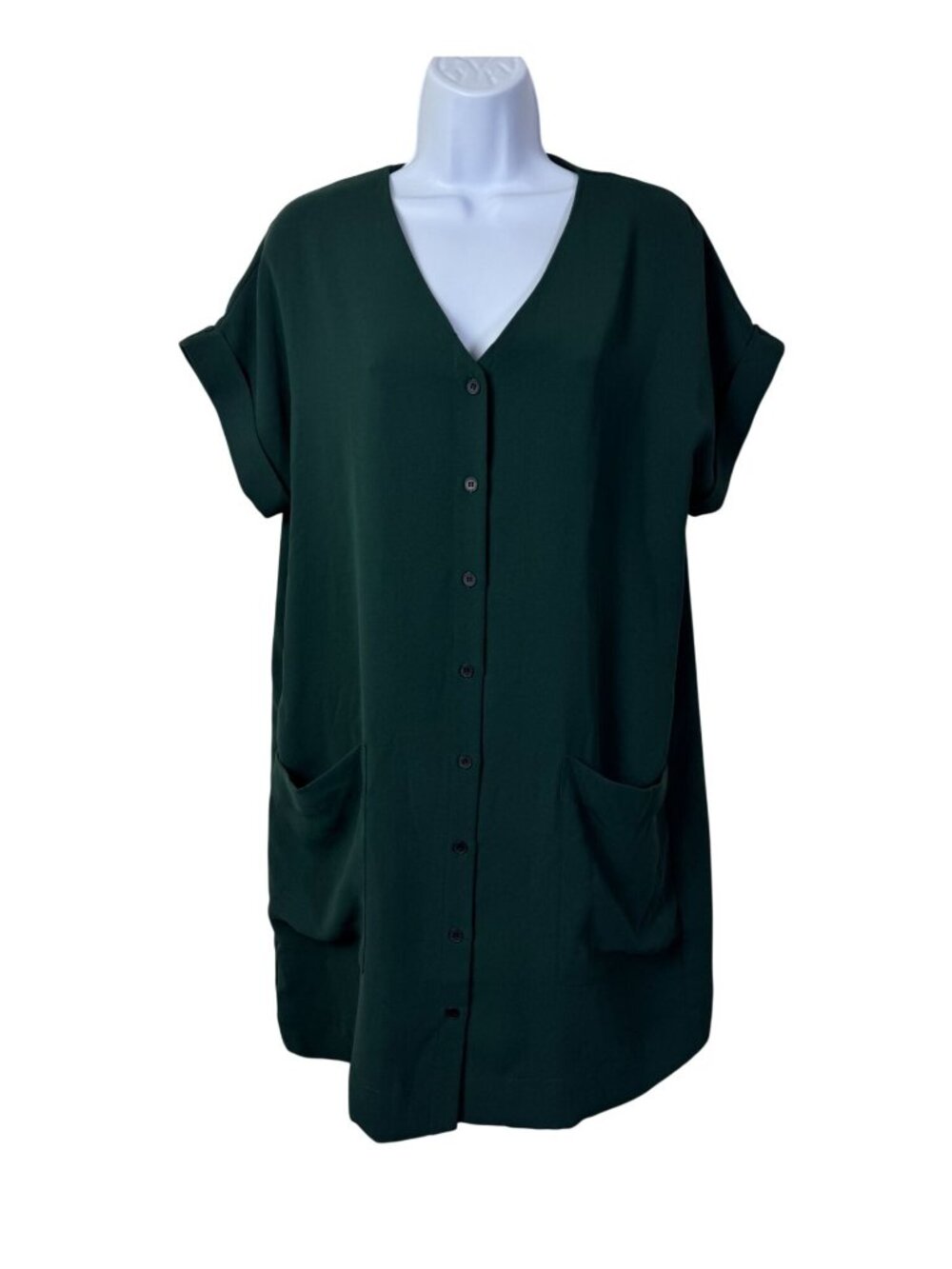 Frank And Oak Green Button Front Short Sleeve Tunic Dress Pockets Women sz Small